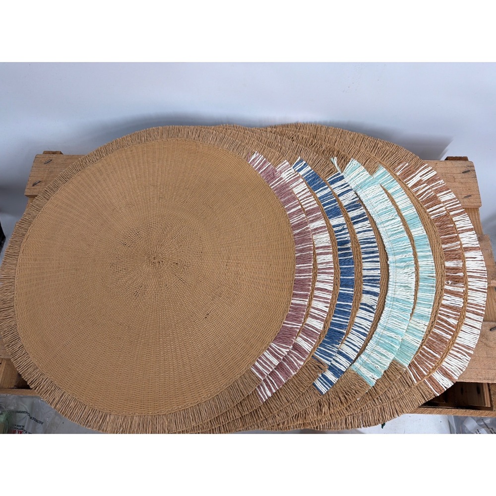 Set of‎ 8 Round Woven Raffia Placemats Boho Fringed Edge Colorful Accents Tan